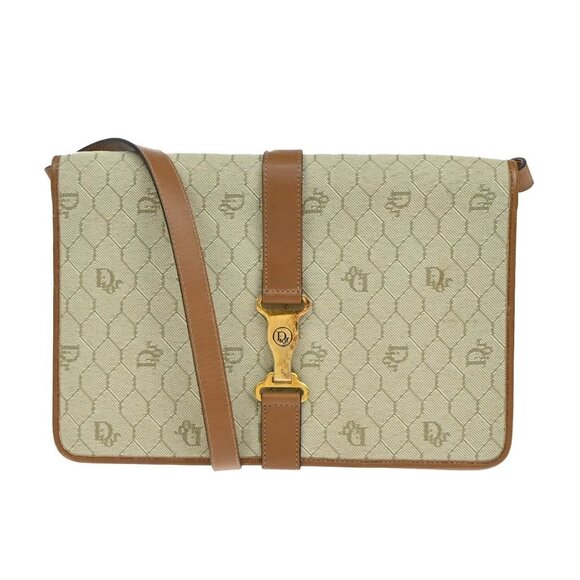 CHRISTIAN DIOR Logo Honeycomb Shoulder Bag Canvas Leather Brown GHW 68KA786 - Picture 1 of 16